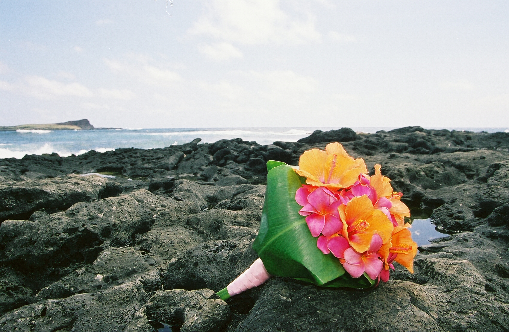 bouquet of orange hibiscus  wrapped in tea leafs