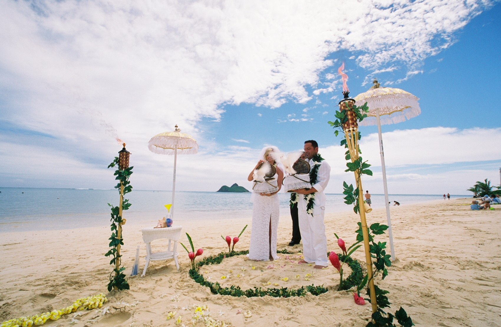 in a circle of flowers the newly wed couple let doves go to fly home in the sky 